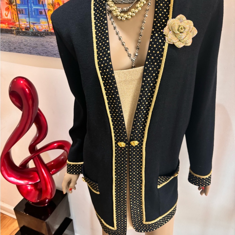 St. John Black Gold Blazer Trim 10 paillettes sequins evening embellished